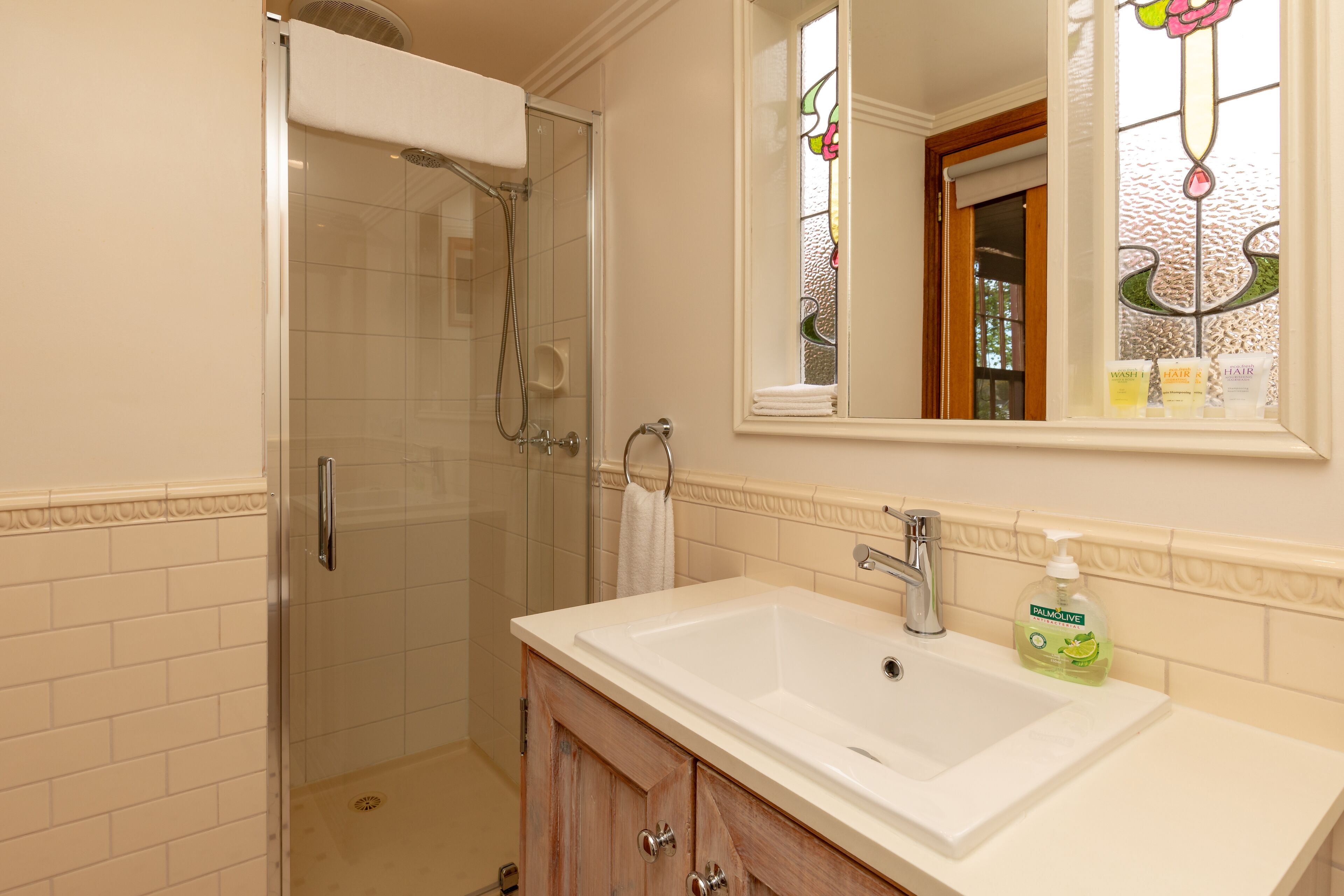 Une salle de bain avec une douche à parois de verre, un lavabo blanc et un miroir au-dessus.