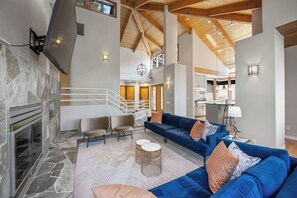 Smart TV, fireplace, books