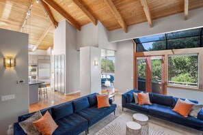 Smart TV, fireplace, books