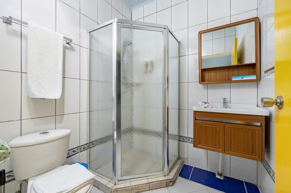 Une salle de bain avec une douche à parois de verre, des toilettes, un lavabo avec un miroir et un meuble en bois.
