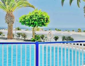 Vista a la piscina con una clara visión del mar, una palmera y un pequeño arbusto verde.