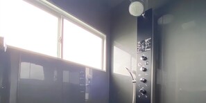 Shower, hydromassage showerhead, hair dryer, slippers