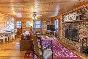 TV, fireplace, table football