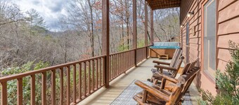 Dog-friend mtn home near pond with private hot tub, fireplace, decks, & firepit