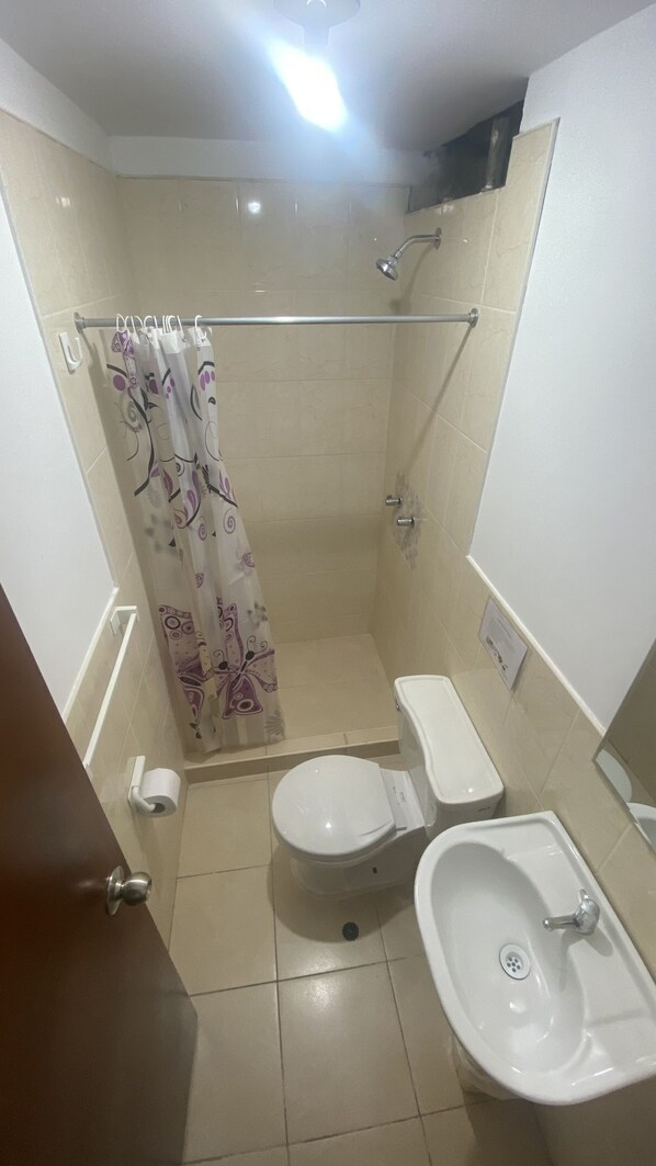 Un baño pequeño con ducha, inodoro y lavamanos.