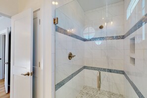 Shower, hair dryer, towels - Luxury Kure Beach Getaway | Steps to Beach, Ocean Views, Elevator, Grill + Games (Kure Beach)
