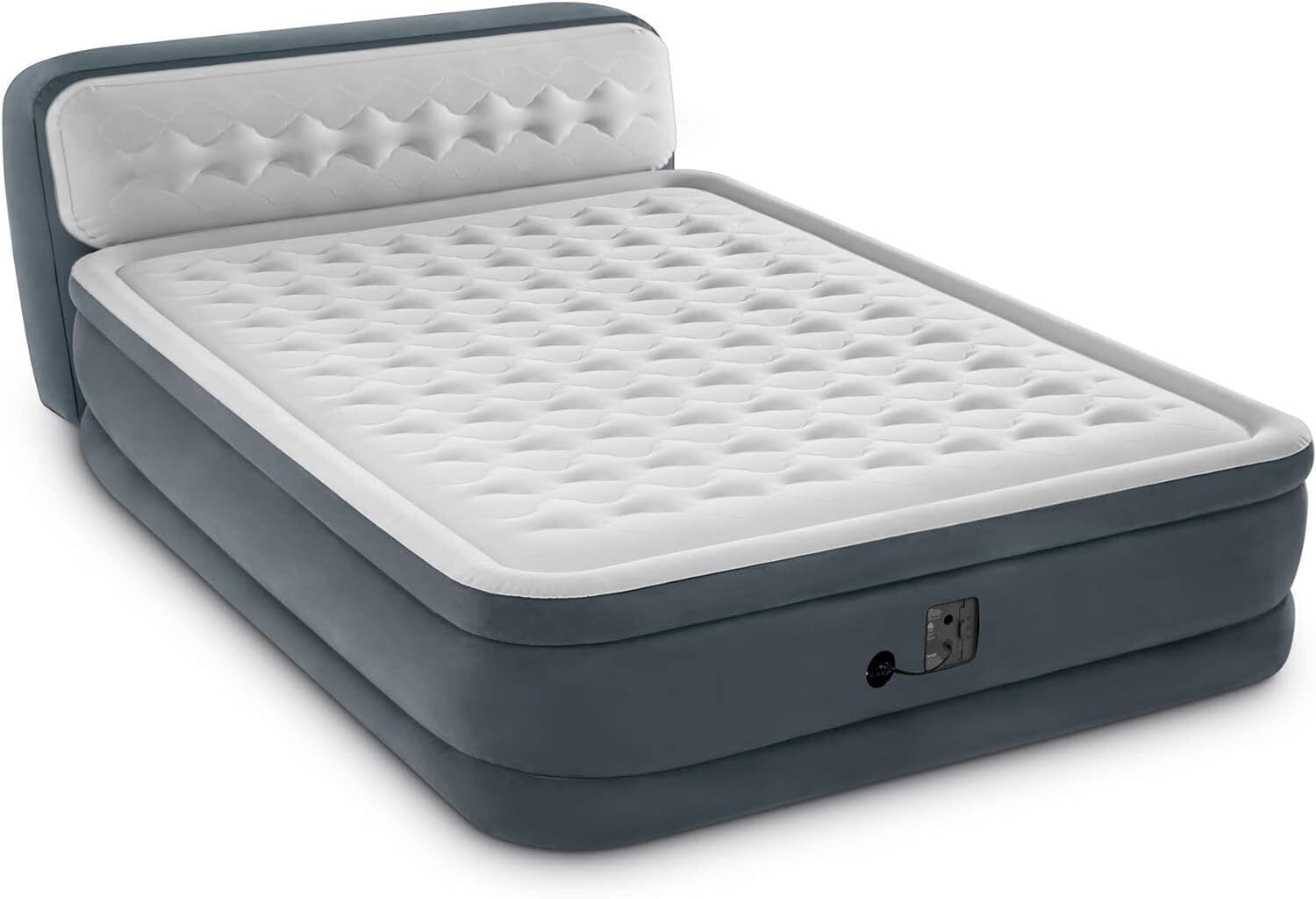 Un materasso compatto, grigio con uno strato superiore bianco e una cerniera laterale.