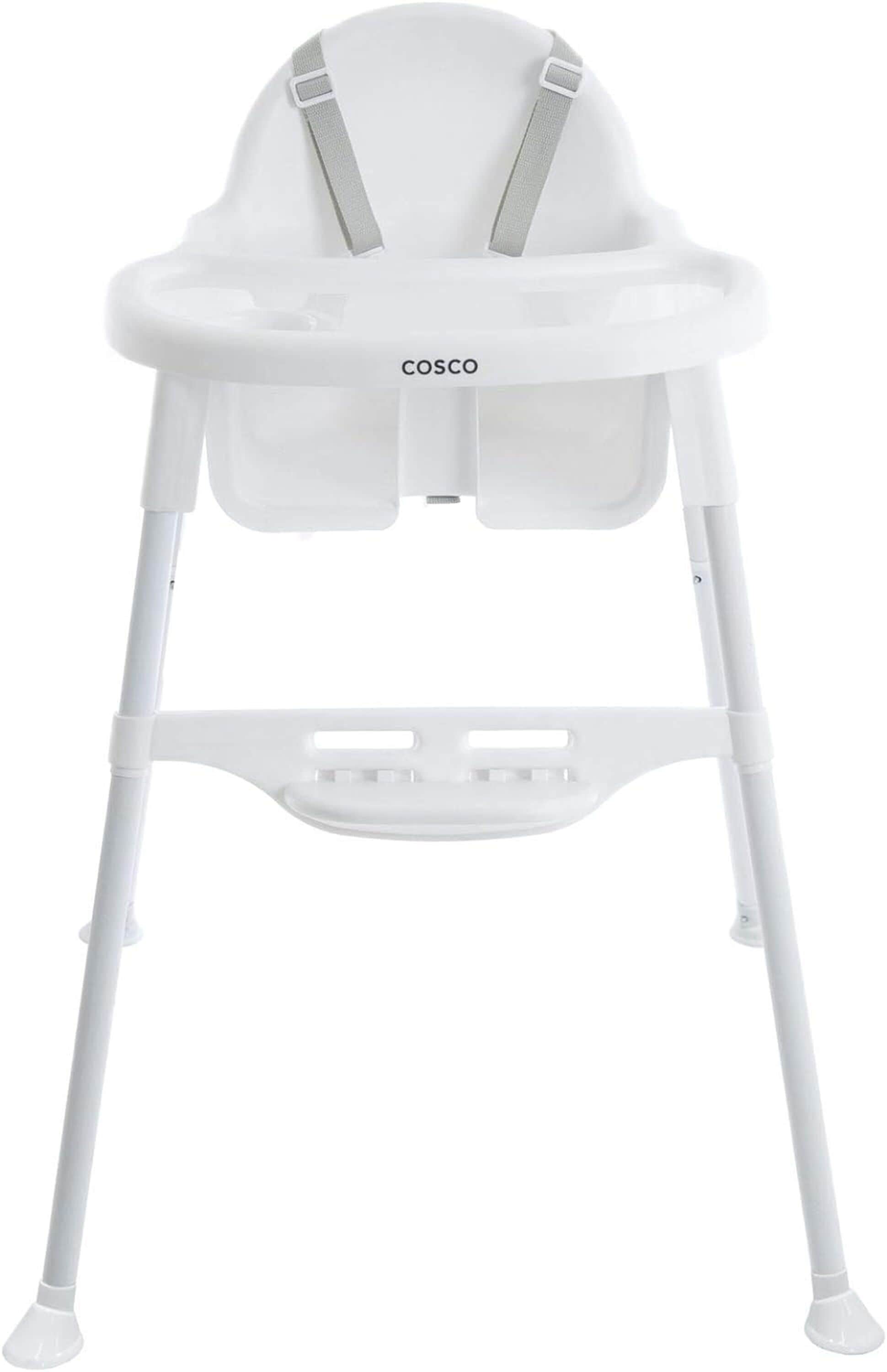 A white Cosco high chair with a tray table and four legs.