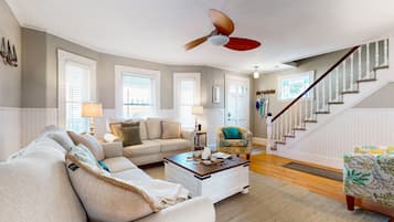 TV, fireplace, books