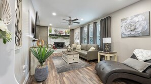 Télévision, cheminée, livres, services de streaming