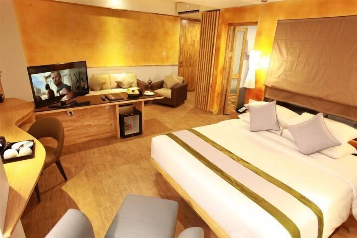 1 bedroom, desk, laptop workspace, iron/ironing board
