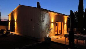 Une maison moderne dotée d’un patio, d’une grande plante en pot et d’une table à manger dressée pour deux personnes.