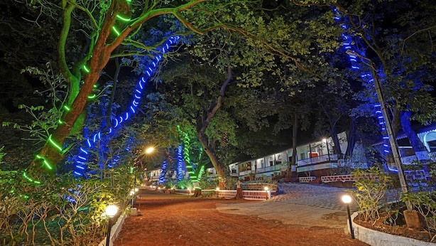 A pathway lined with trees and illuminated by blue and green lights, leading to a building with a white facade and arched windows. - Treebo Cecil Resort Matheran (Karjat)
