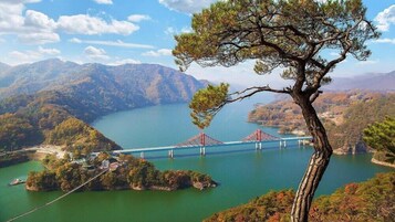 Un puente colgante sobre un lago, con montañas al fondo.