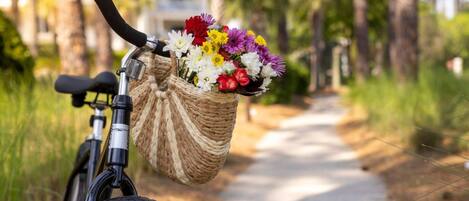 A bicycle with a basket containing a variety of flowers.