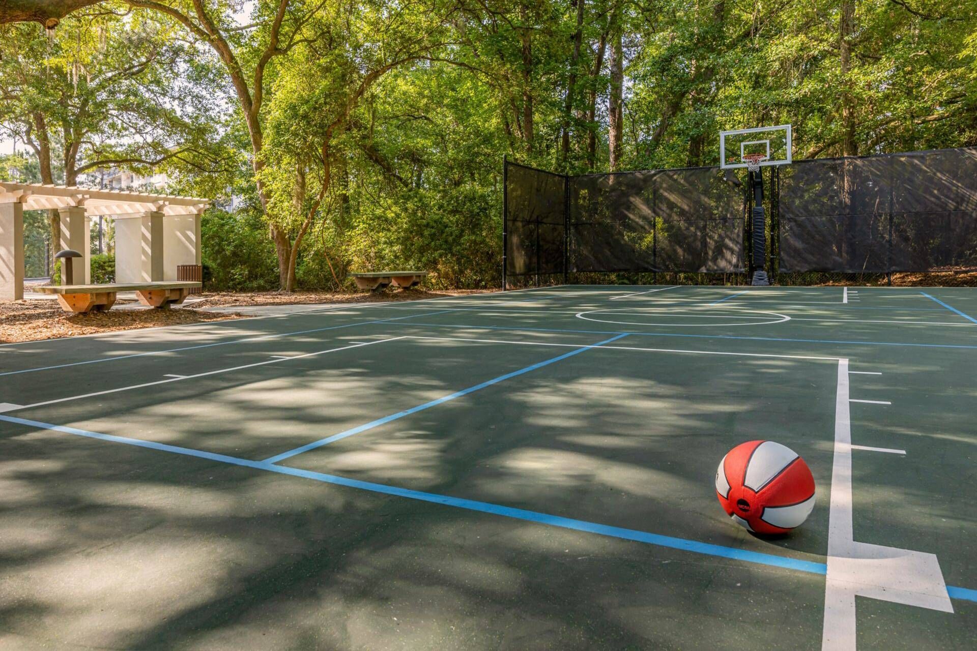 Un terrain de basket en plein air, équipé d’un panier, entouré d’arbres.