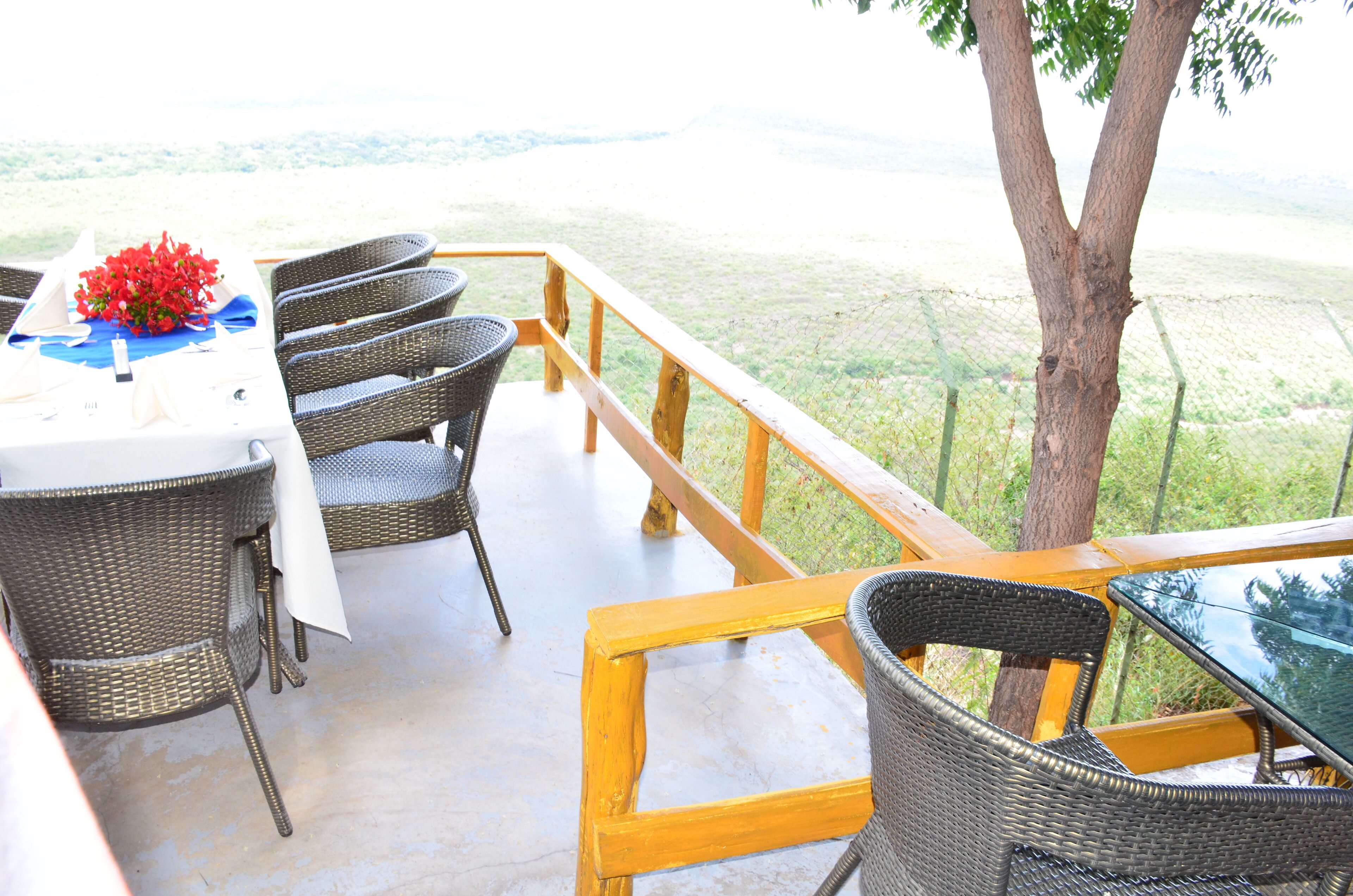 Un espace de restauration en plein air, avec des chaises en osier et une table dressée pour deux personnes, offrant une vue sur un paysage pittoresque.