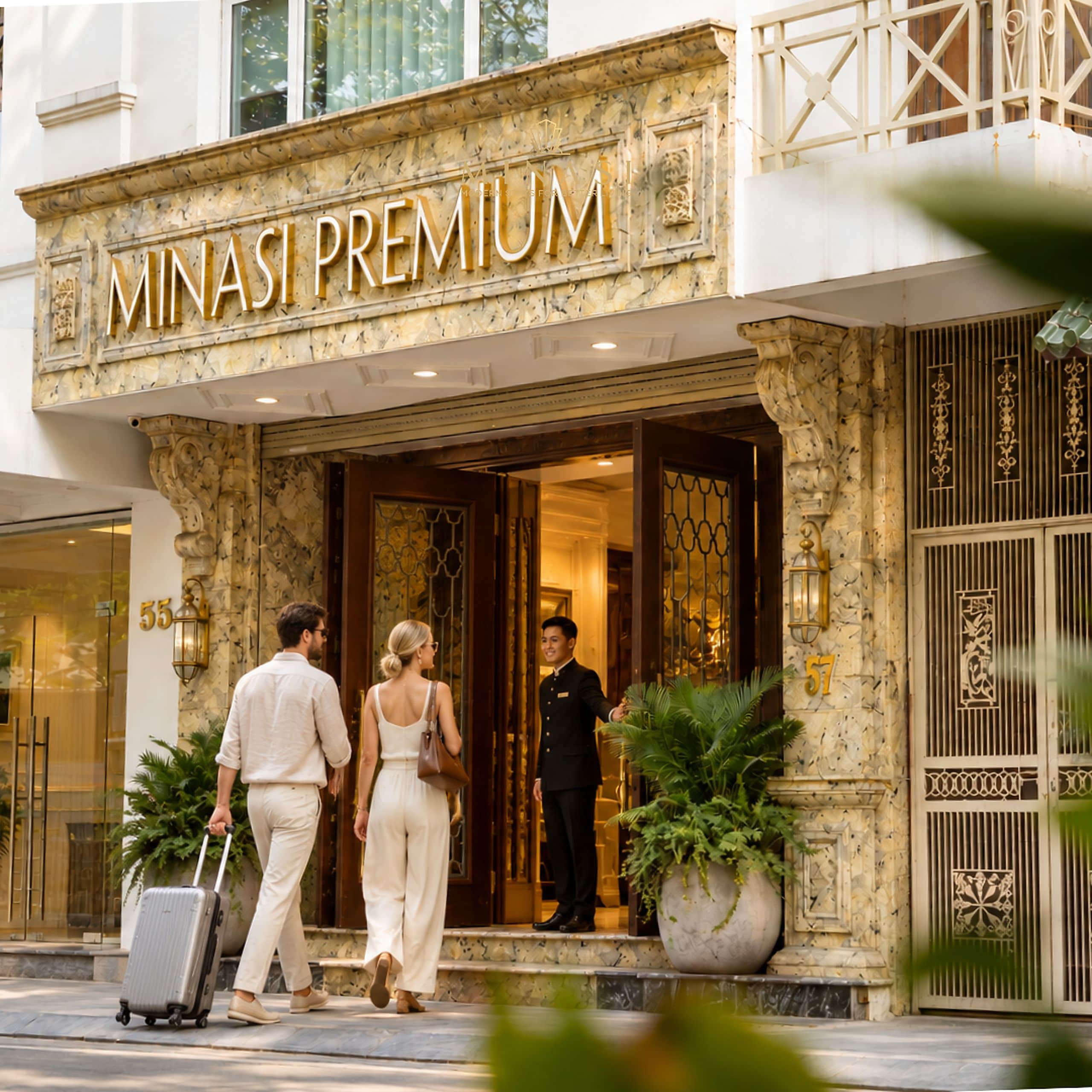The exterior of a hotel named 'MINASI PREMIUM' with a marble facade, a large entrance, and a number '55' visible on the building.