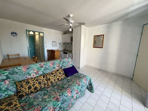 A compact living space with a sofa, a dining table, a kitchenette, and a ceiling fan.
