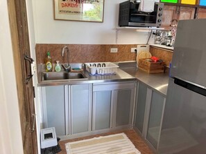 Kühlschrank, Ofen, Herdplatte, Wasserkocher mit Kaffee-/Teezubehör