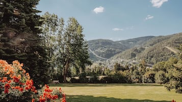Un paysage verdoyant et luxuriant, avec un ciel dégagé, une variété d’arbres et une vue lointaine sur une vallée traversée par une route.