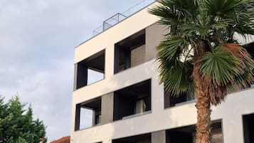 Un edificio moderno con fachada de vidrio, zona de estar al aire libre y una palmera.