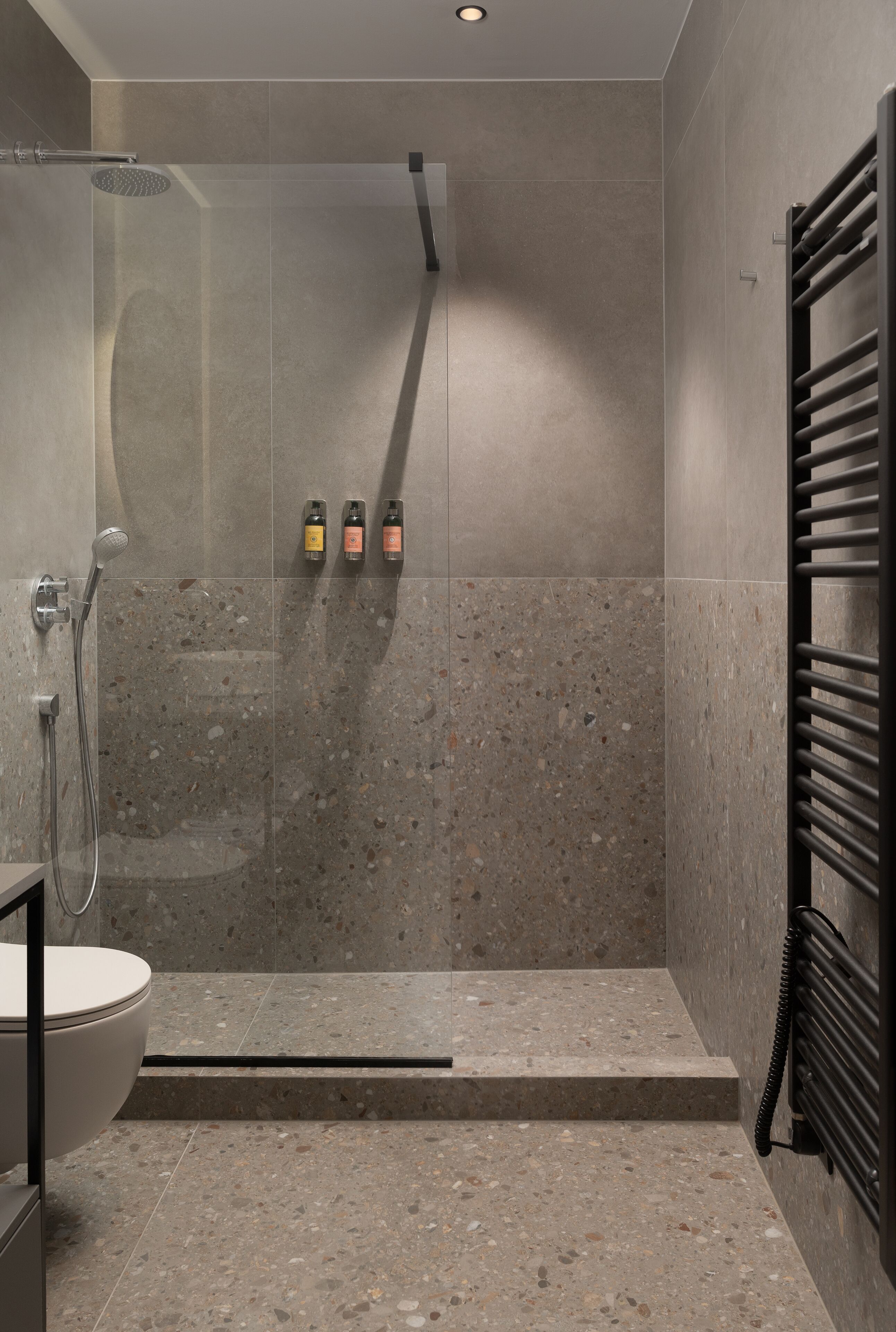 A modern bathroom with a glass-enclosed shower, a toilet, and a towel rack.