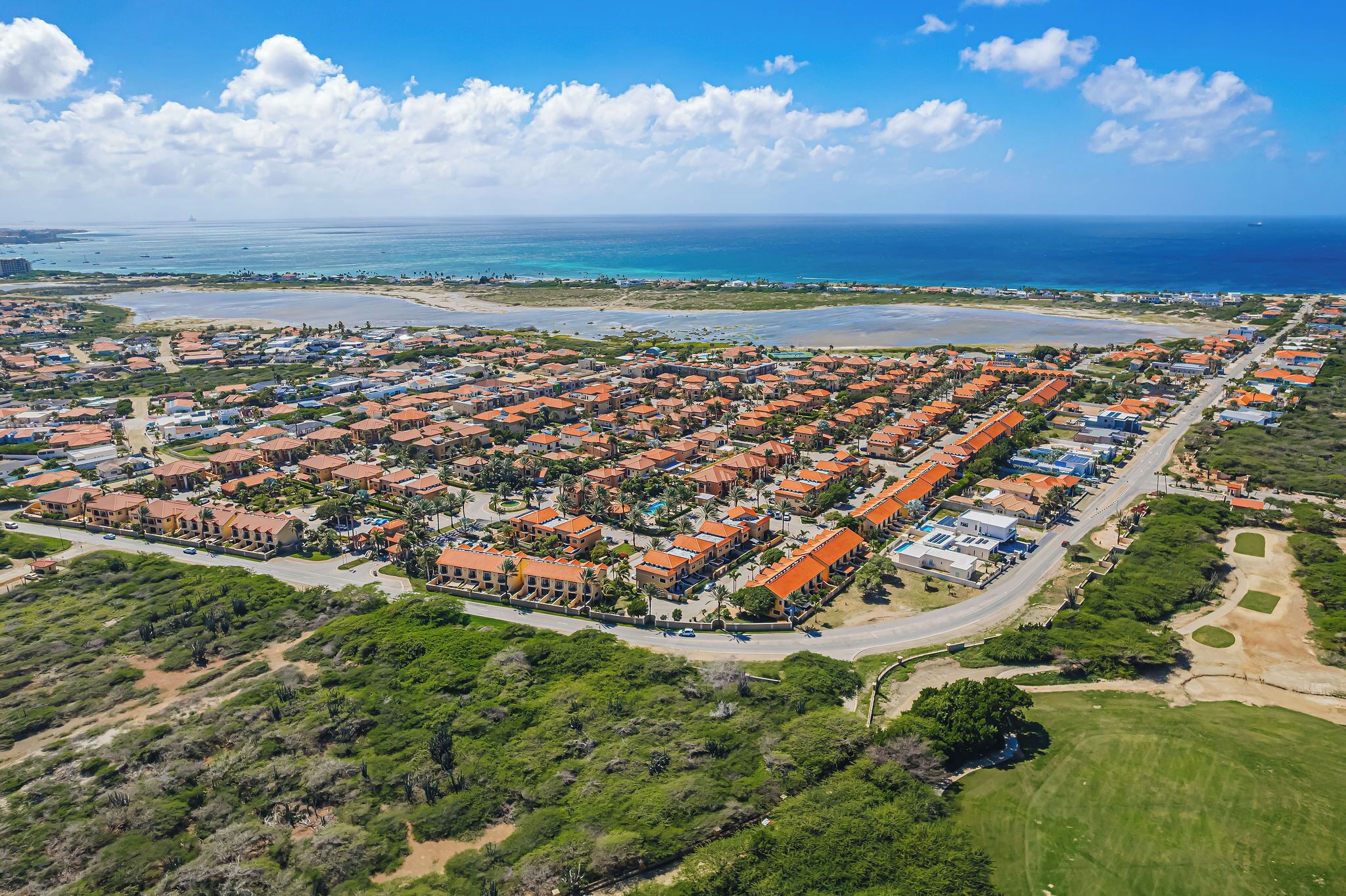 Vista aérea de una zona residencial costera con casas, caminos y una playa.