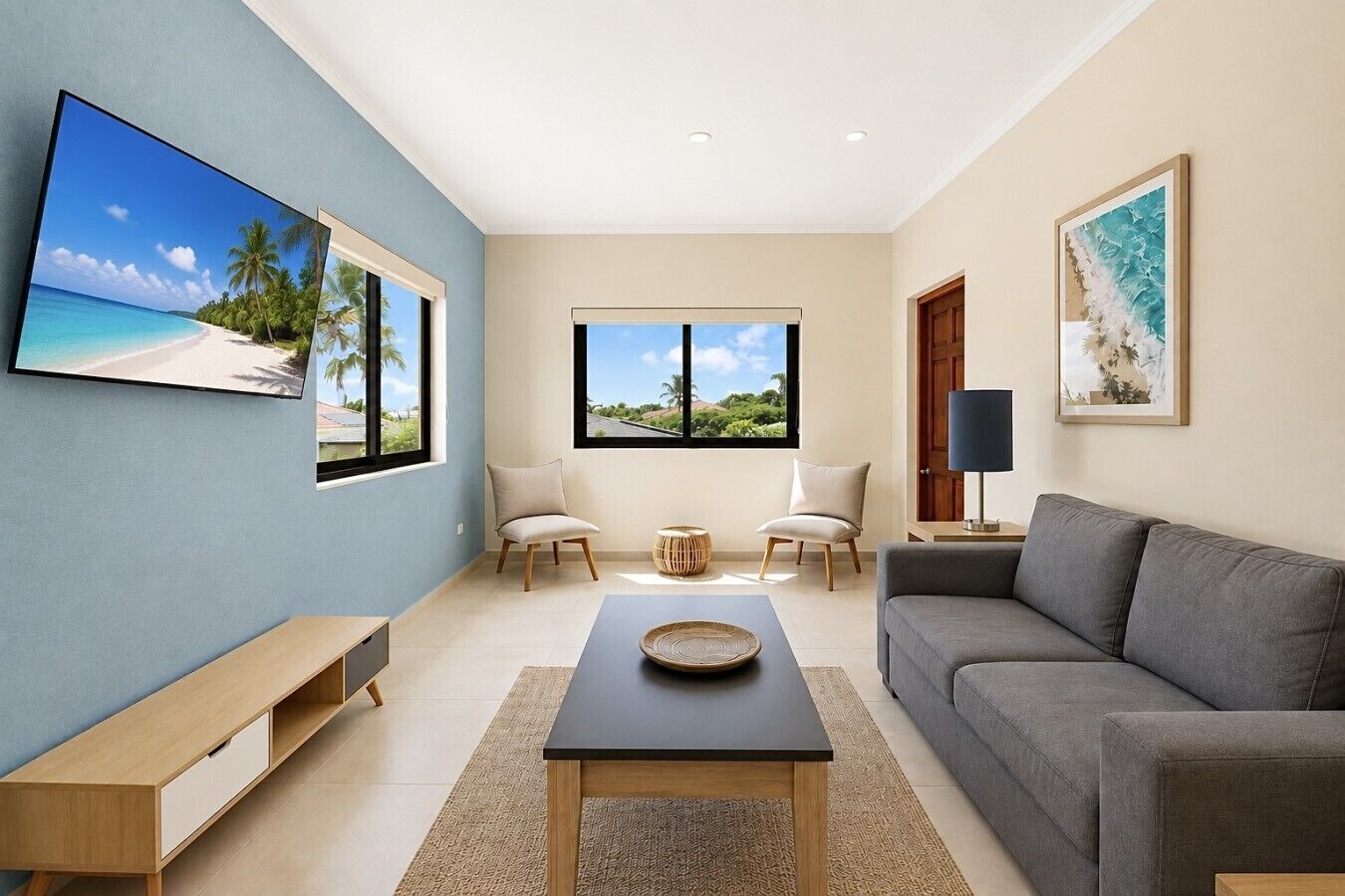 A modern living room with a TV, two chairs, a sofa, a coffee table, and a window with a view of greenery.