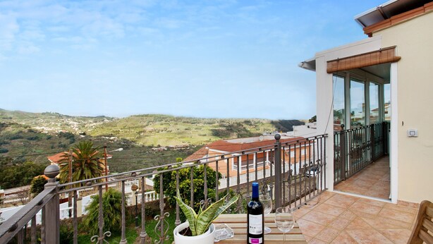 A balcony with a potted plant, a bottle of wine, and a glass on a table. - Holiday Apartment "Carmelo Y Carmela 4" with Mountain View, Private Terrace & Wi-Fi (teror)