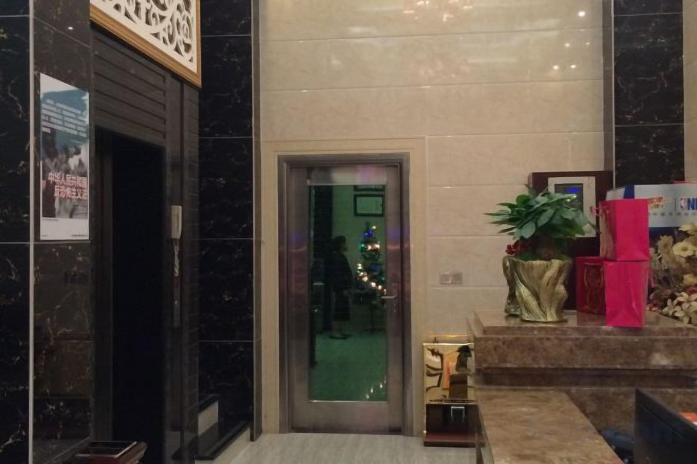 Vestíbulo de hotel con mostrador de recepción, ascensor de cristal y una planta decorativa.