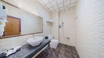 A bathroom with a white sink, a mirror, a toilet, and a shower.