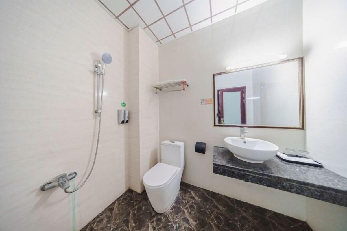 Un baño con ducha, inodoro, lavabo y espejo.