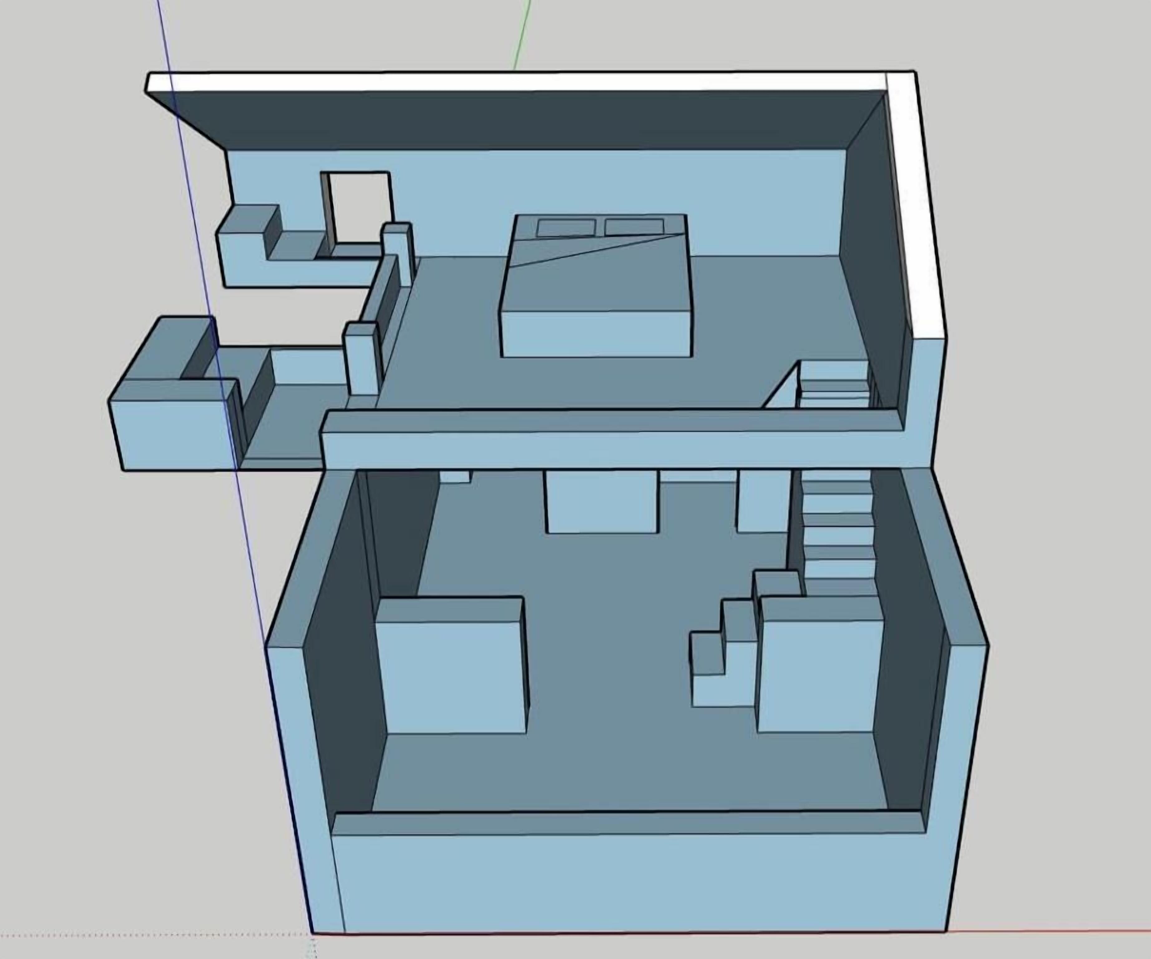 A 3D model of a hotel room with a bed, a desk, and a chair.