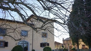 A building with a beige facade, arched entrance, and potted plants.
