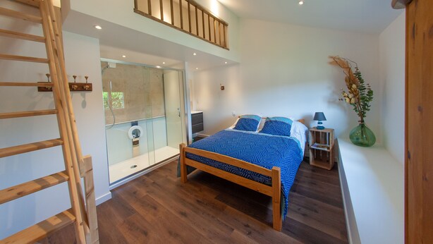 Une chambre à coucher avec un lit en bois, une cabine de douche en verre, une échelle en bois et une petite table de chevet avec une lampe.