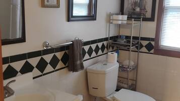 Hair dryer, towels, soap, shampoo