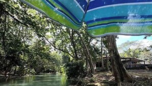 Een bamboevlot op een kalme rivier, omringd door weelderige begroeiing en een grote gestreepte parasol die schaduw biedt.