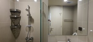 Shower, hair dryer, soap, shampoo