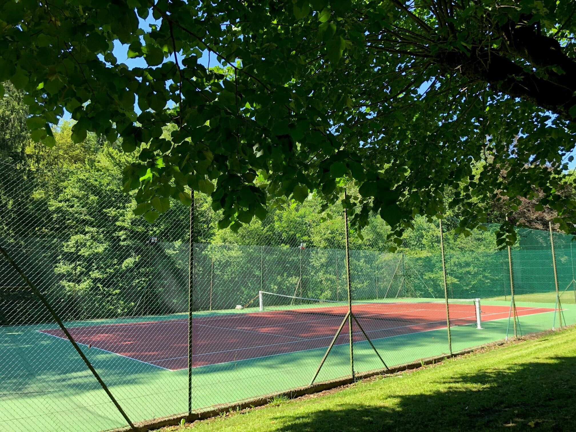 Un court de tennis entouré d’une clôture verte et d’arbres.