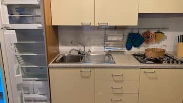 Fridge, microwave, stovetop, cookware/dishes/utensils