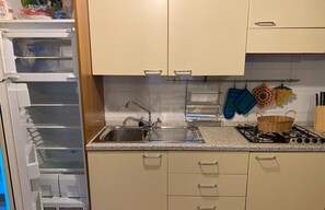 Fridge, microwave, stovetop, cookware/dishes/utensils