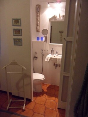 Shower, hair dryer, towels, toilet paper