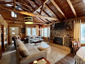 Smart TV, chimenea, reproductor de DVD y libros 