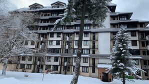 A multi-story hotel with a modern architectural design, featuring balconies and a snow-covered landscape.