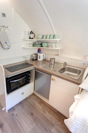 Fridge, oven, electric kettle, toaster