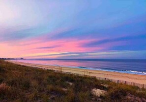 A beach with a wooden fence and grassy dunes.