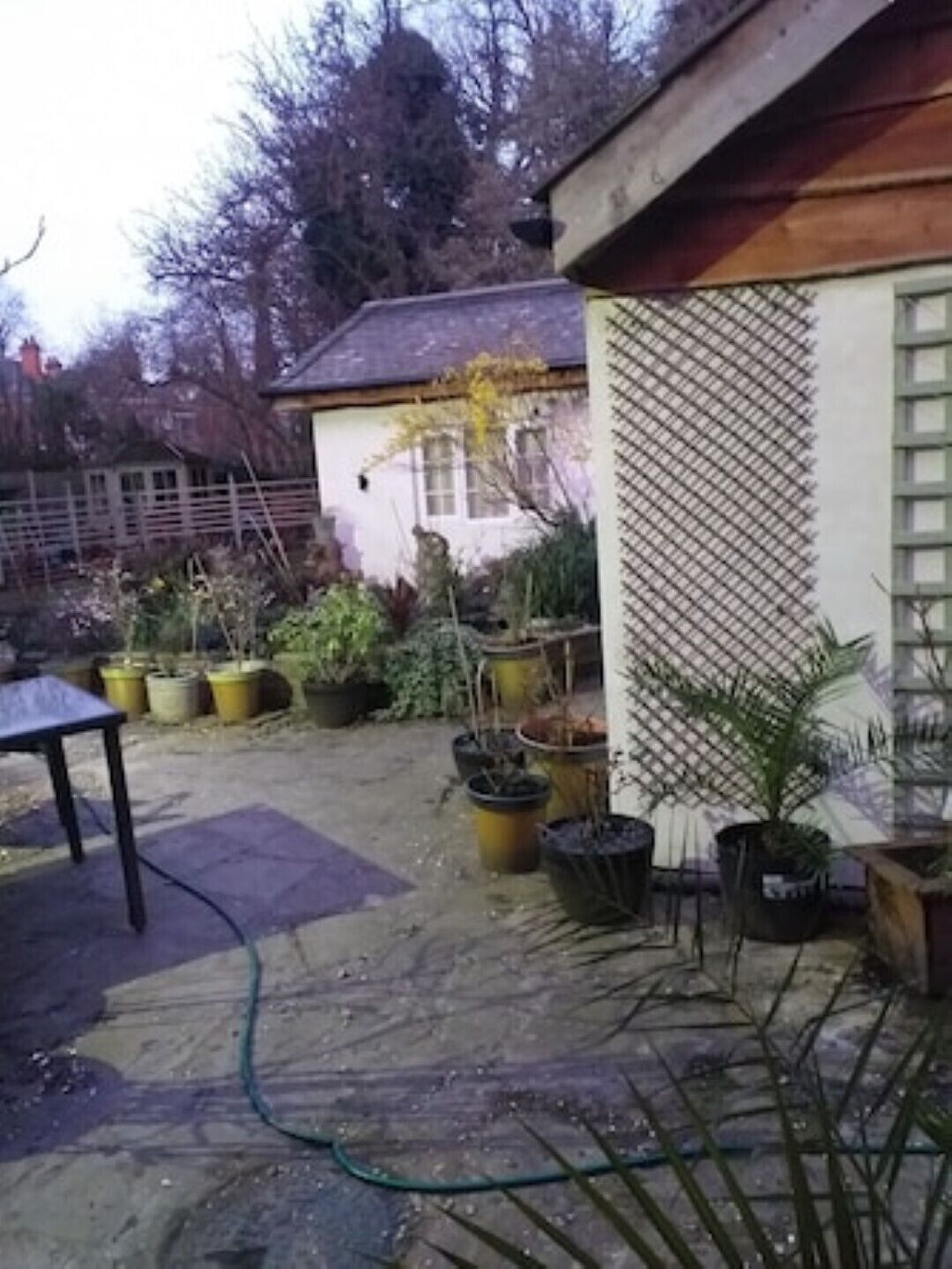 Een tuin met potplanten, een tafel en een gebouw met een lattengevel.