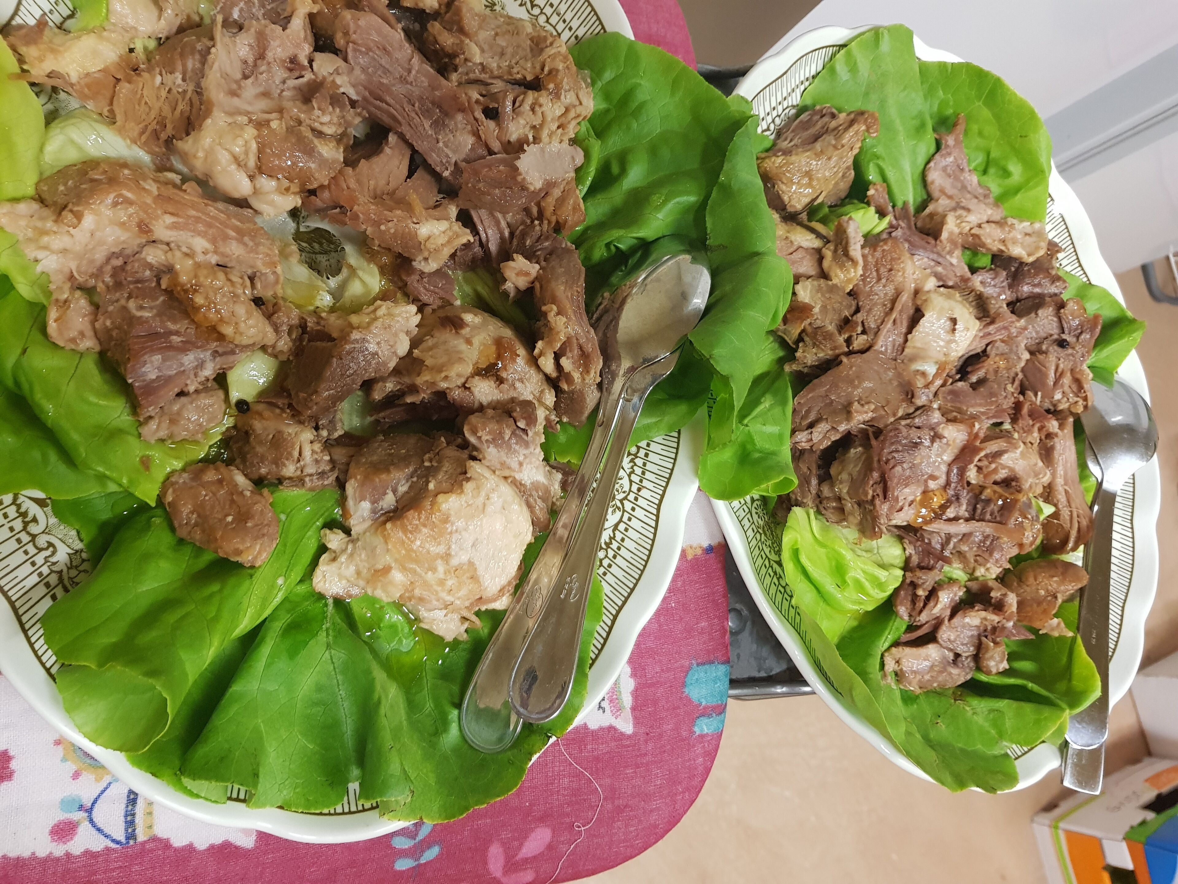 Dos platos de carne en rodajas sobre hojas de lechuga, con una cuchara en cada plato.