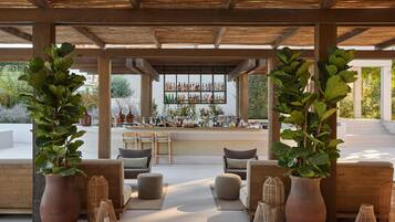 Un espacio al aire libre con techo y asientos, donde se destaca un bar al fondo, plantas en macetas y muebles de mimbre.